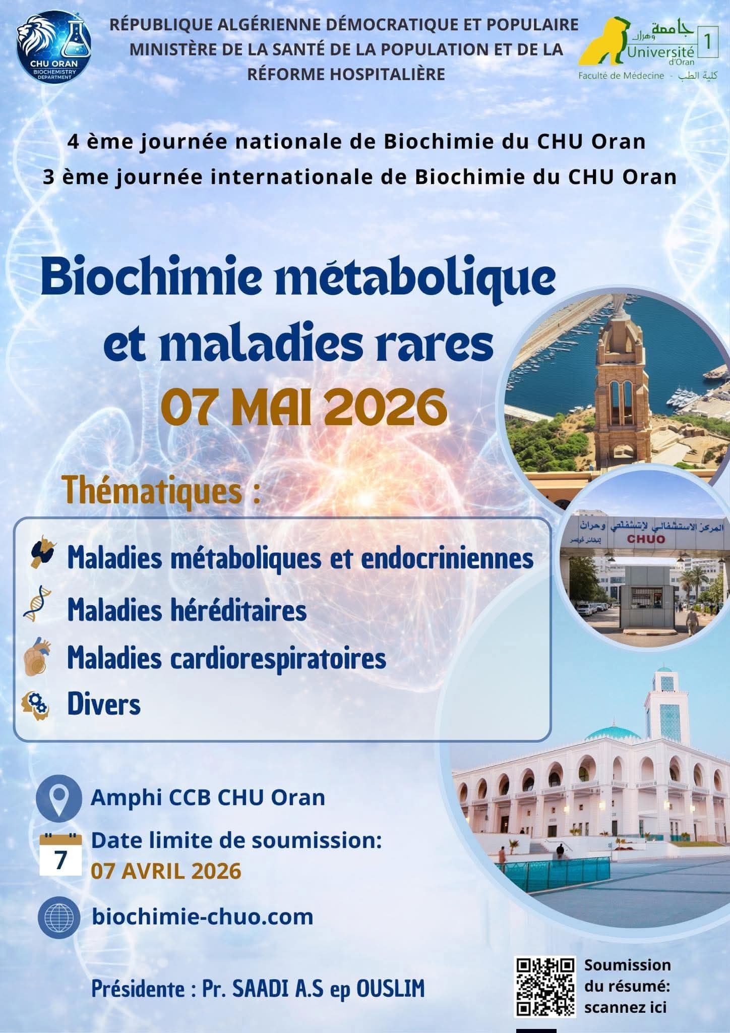 3ème Journée Internationale de Biochimie du CHU Oran : Biochimie métabolique et maladies rares